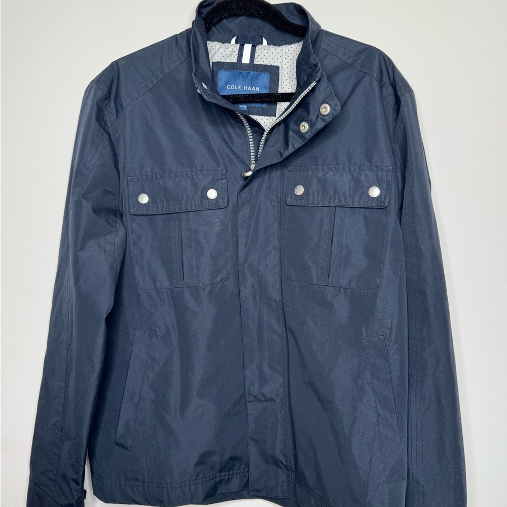 Cole Haan Trucker Jacket Medium Full Zip Navy Canvas Spring Rain $250 MSRP
